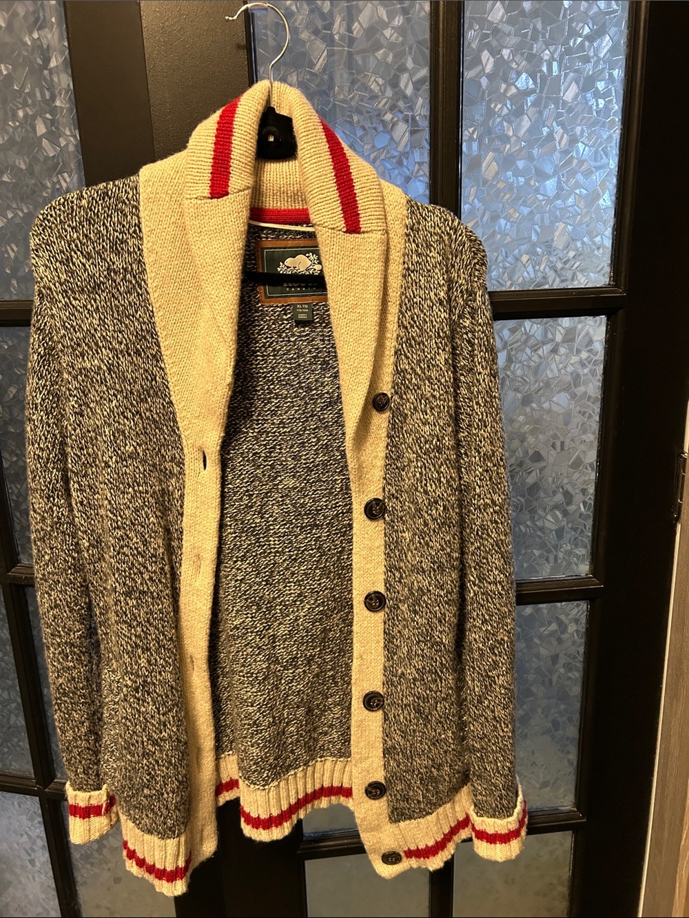 Roots Marled Gray Shawl Collar Cardigan with Cream and Red Trim
